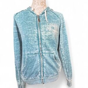Cowgirl Tuff Acid Washed Bedazzled Zip Up Teal Sleeve Hit Back Hit Hood Hit